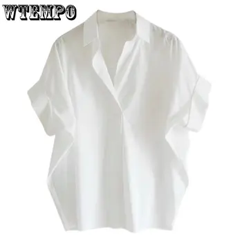 WTEMPO קיץ כותנה חולצה לבנה נשים חדשות אופנה קוריאנית חופשי צדדי גג רופף קצר עטלף שרוול V-כפתור חולצות התמונה