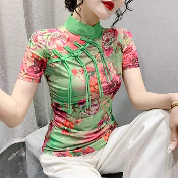 קיץ מודפס פרחוני רשת טי חולצות נשים בסגנון סיני צווארון ציצית כפתורים גמיש דק מקסימום נערת אופנה חולצת טי ירוקה התמונה