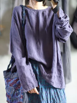 Johnature נשים וינטאג פשתן O-צוואר חולצת טריקו שרוול ארוך מוצק צבע רופף נוח פשוט בגדים 2023 האביב החדש חולצות התמונה