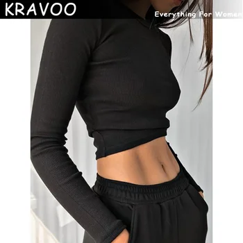 KRAVOO O-צוואר שרוול ארוך חולצת נשים מצולעים סקסי קצוץ מקסימום 2022 האביב שחור מזדמן רזה רזה בסיסי אישה חולצות T לבן התמונה