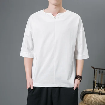 צוואר V גברים חולצה 2023 הקיץ שלושה רבעים שרוול החולצות של גברים harajuku שטחי כותנה משובח חולצה לאדם. התמונה