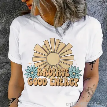 להקרין אנרגיה טובה חולצת שרוול קצר מקרית חולצות נשים וינטאג אסתטי בוהו Tees הקיץ מקסימום התמונה
