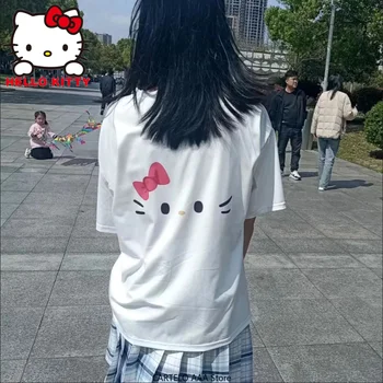 Sanrio הלו קיטי חולצות בגדי נשים רופף אסתטי מקסימום Y2k קריקטורה הדפסה גרפית Tees Harajuku Kawaii אנימה החולצה הנשית התמונה