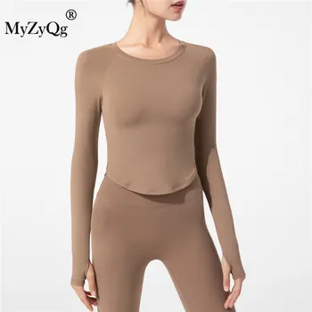 MyZyQg נשים טלאים חזק יוגה חולצות עם משטח חזה קצר, שרוול ארוך הכושר טופ ספורט ריצה כושר בגדים התמונה